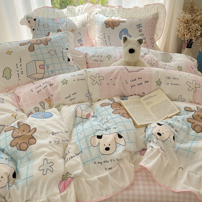 91家纺网 家纺一手货源 找家纺 桃心家居 2025新款A类云柔水洗棉花边四件套 水洗棉花边-粉色卡哇伊