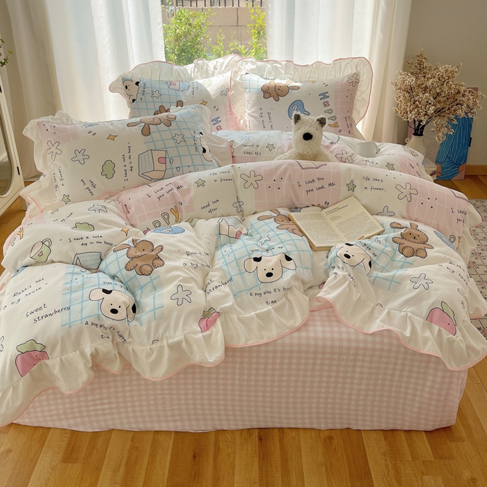 91家纺网 家纺一手货源 找家纺 桃心家居 2025新款A类云柔水洗棉花边四件套 水洗棉花边-粉色卡哇伊