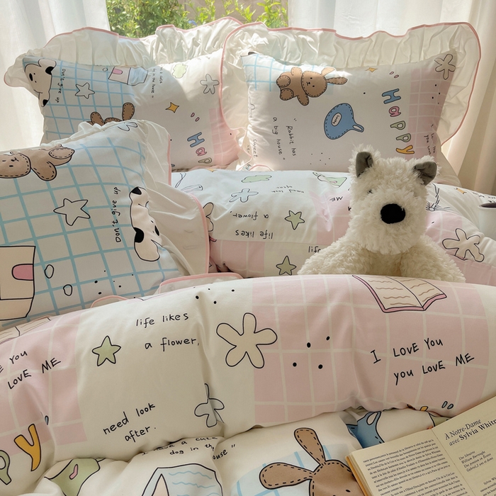 91家纺网 家纺一手货源 找家纺 桃心家居 2025新款A类云柔水洗棉花边四件套 水洗棉花边-粉色卡哇伊