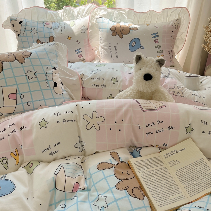 91家纺网 家纺一手货源 找家纺 桃心家居 2025新款A类云柔水洗棉花边四件套 水洗棉花边-粉色卡哇伊