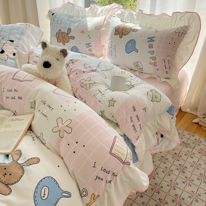 91家纺网 家纺一手货源 找家纺 桃心家居 2025新款A类云柔水洗棉花边四件套 水洗棉花边-粉色卡哇伊