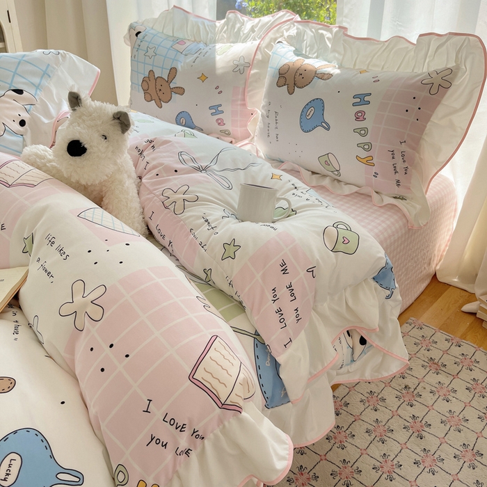 91家纺网 家纺一手货源 找家纺 桃心家居 2025新款A类云柔水洗棉花边四件套 水洗棉花边-粉色卡哇伊