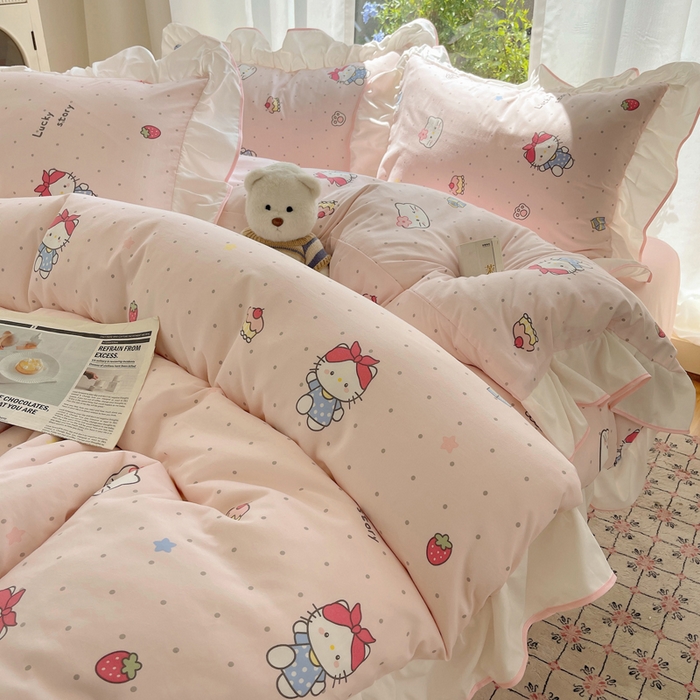 桃心家居 2025新款A类云柔水洗棉花边四件套 水洗棉花边-粉色甜甜猫咪