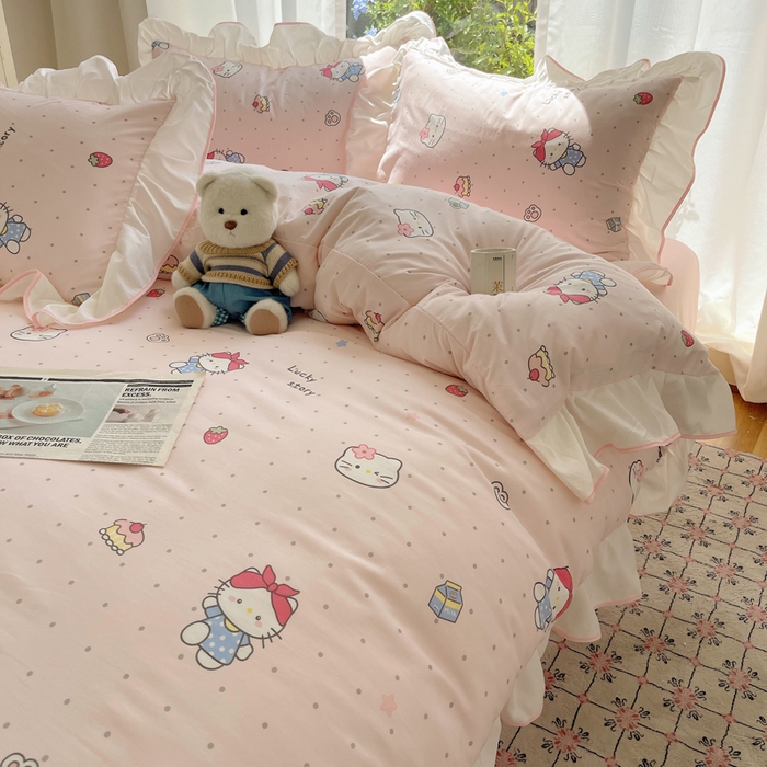 91家纺网 家纺一手货源 找家纺 桃心家居 2025新款A类云柔水洗棉花边四件套 水洗棉花边-粉色甜甜猫咪