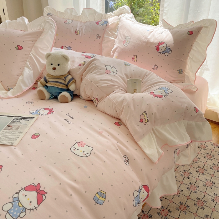 91家纺网 家纺一手货源 找家纺 桃心家居 2025新款A类云柔水洗棉花边四件套 水洗棉花边-粉色甜甜猫咪