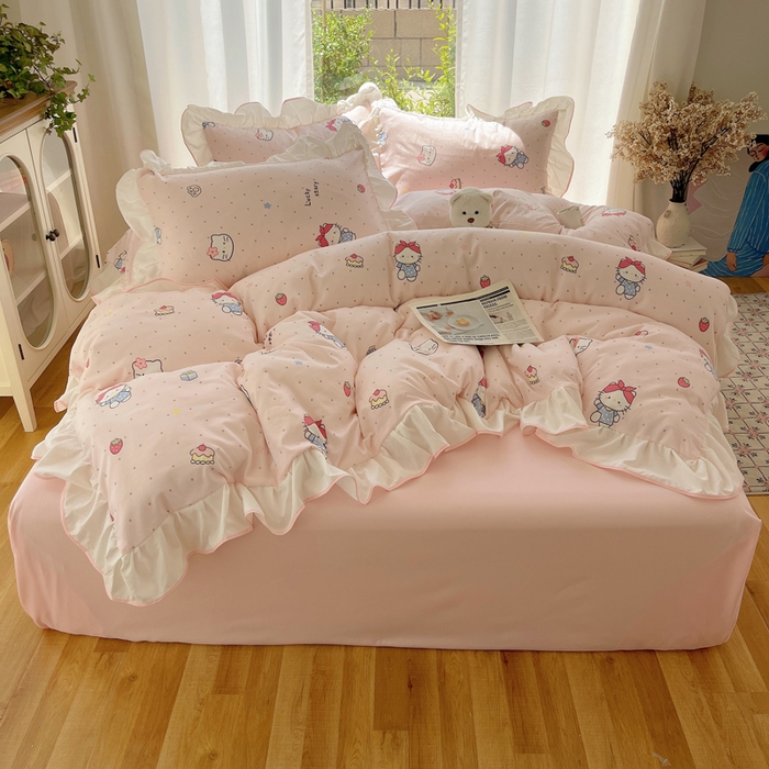 91家纺网 家纺一手货源 找家纺 桃心家居 2025新款A类云柔水洗棉花边四件套 水洗棉花边-粉色甜甜猫咪