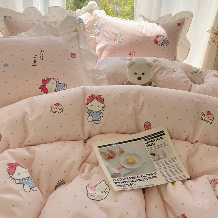 91家纺网 家纺一手货源 找家纺 桃心家居 2025新款A类云柔水洗棉花边四件套 水洗棉花边-粉色甜甜猫咪