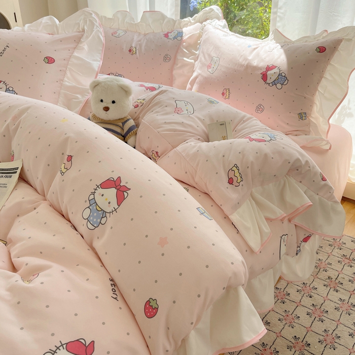 91家纺网 家纺一手货源 找家纺 桃心家居 2025新款A类云柔水洗棉花边四件套 水洗棉花边-粉色甜甜猫咪