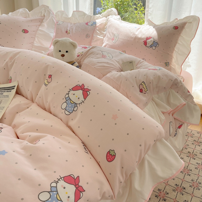 91家纺网 家纺一手货源 找家纺 桃心家居 2025新款A类云柔水洗棉花边四件套 水洗棉花边-粉色甜甜猫咪