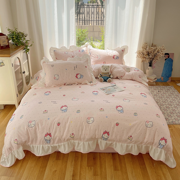 91家纺网 家纺一手货源 找家纺 桃心家居 2025新款A类云柔水洗棉花边四件套 水洗棉花边-粉色甜甜猫咪