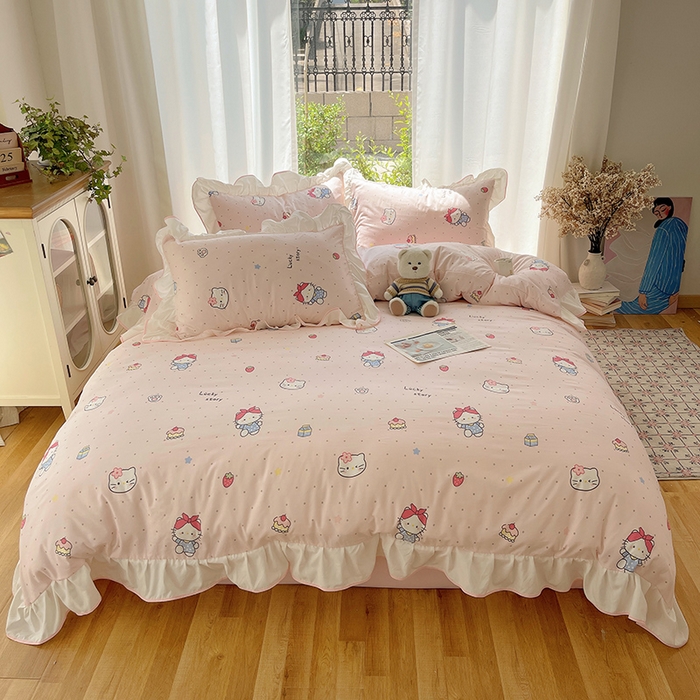 91家纺网 家纺一手货源 找家纺 桃心家居 2025新款A类云柔水洗棉花边四件套 水洗棉花边-粉色甜甜猫咪