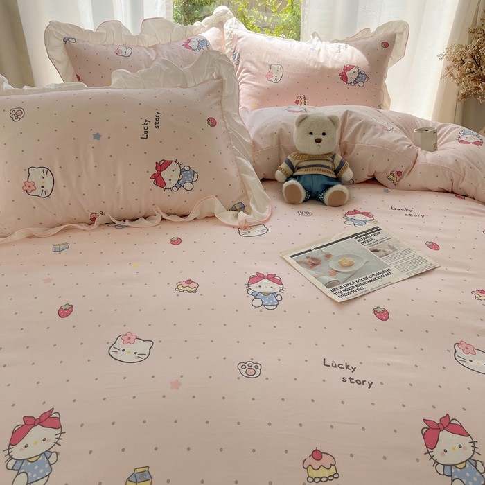 91家纺网 家纺一手货源 找家纺 桃心家居 2025新款A类云柔水洗棉花边四件套 水洗棉花边-粉色甜甜猫咪