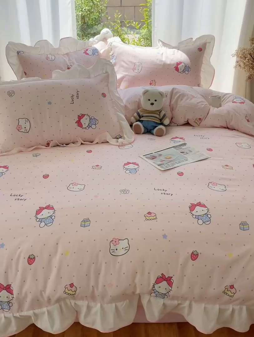 91家纺网 家纺一手货源 找家纺 桃心家居 2025新款A类云柔水洗棉花边四件套 水洗棉花边-粉色甜甜猫咪