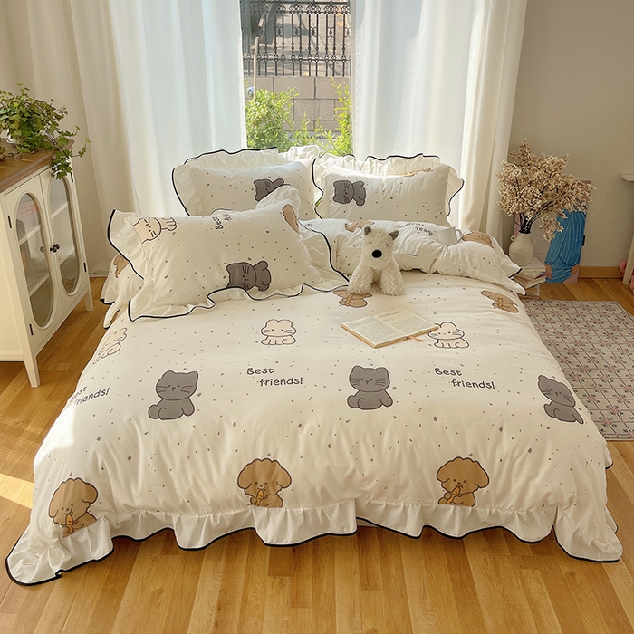 91家纺网 家纺一手货源 找家纺 桃心家居 2025新款A类云柔水洗棉花边四件套 水洗棉花边-黑色萌萌乐园