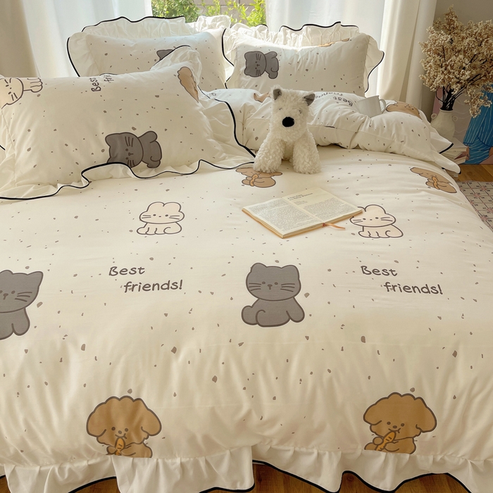 91家纺网 家纺一手货源 找家纺 桃心家居 2025新款A类云柔水洗棉花边四件套 水洗棉花边-黑色萌萌乐园