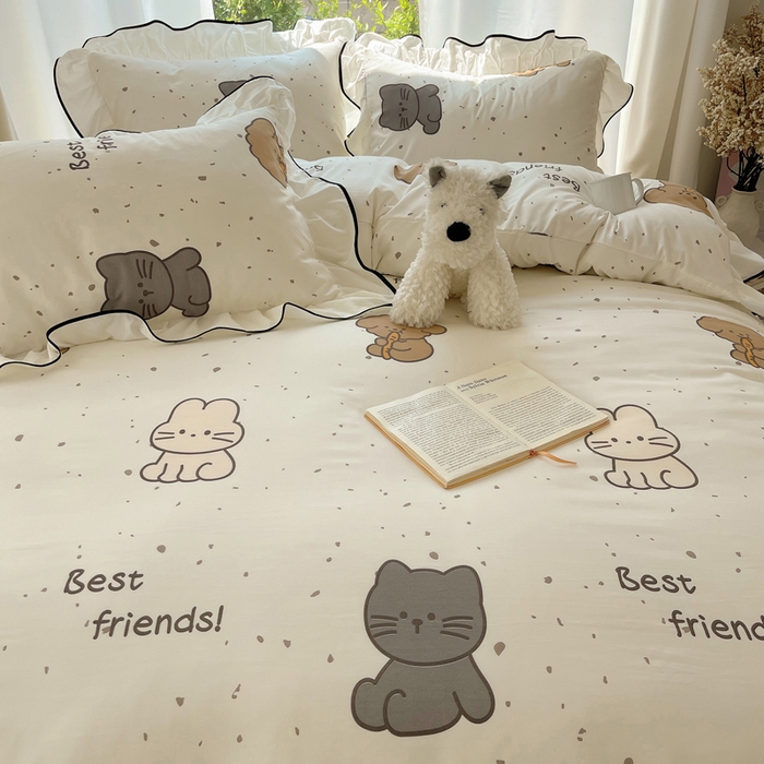 91家纺网 家纺一手货源 找家纺 桃心家居 2025新款A类云柔水洗棉花边四件套 水洗棉花边-黑色萌萌乐园