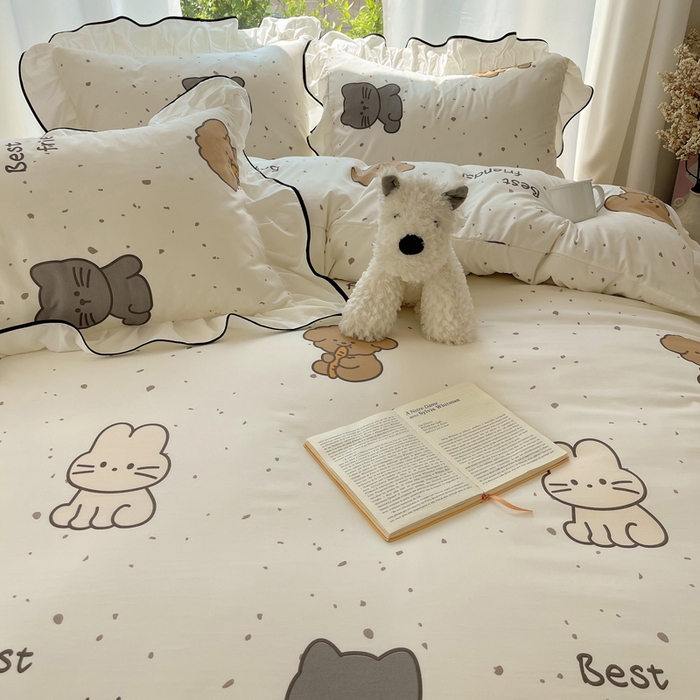 91家纺网 家纺一手货源 找家纺 桃心家居 2025新款A类云柔水洗棉花边四件套 水洗棉花边-黑色萌萌乐园