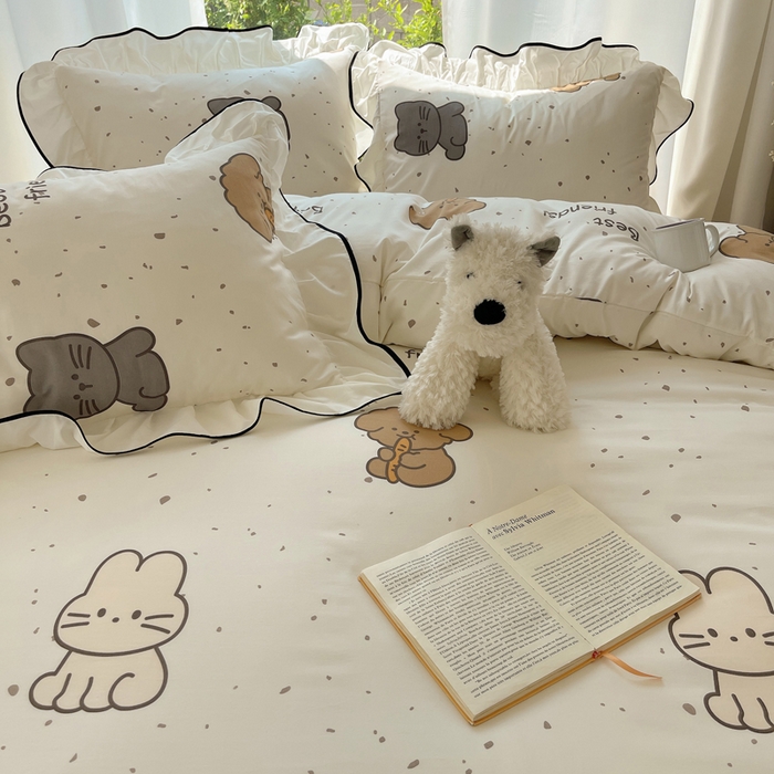 91家纺网 家纺一手货源 找家纺 桃心家居 2025新款A类云柔水洗棉花边四件套 水洗棉花边-黑色萌萌乐园