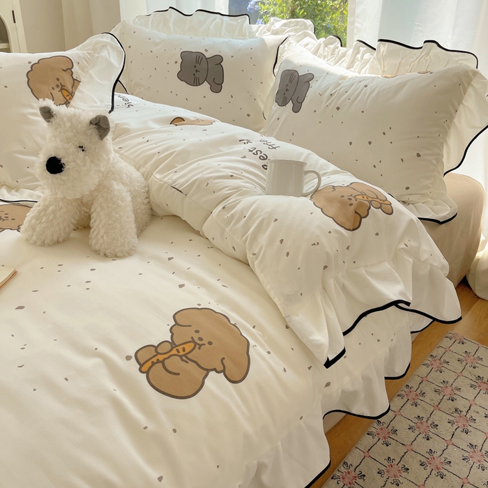 91家纺网 家纺一手货源 找家纺 桃心家居 2025新款A类云柔水洗棉花边四件套 水洗棉花边-黑色萌萌乐园