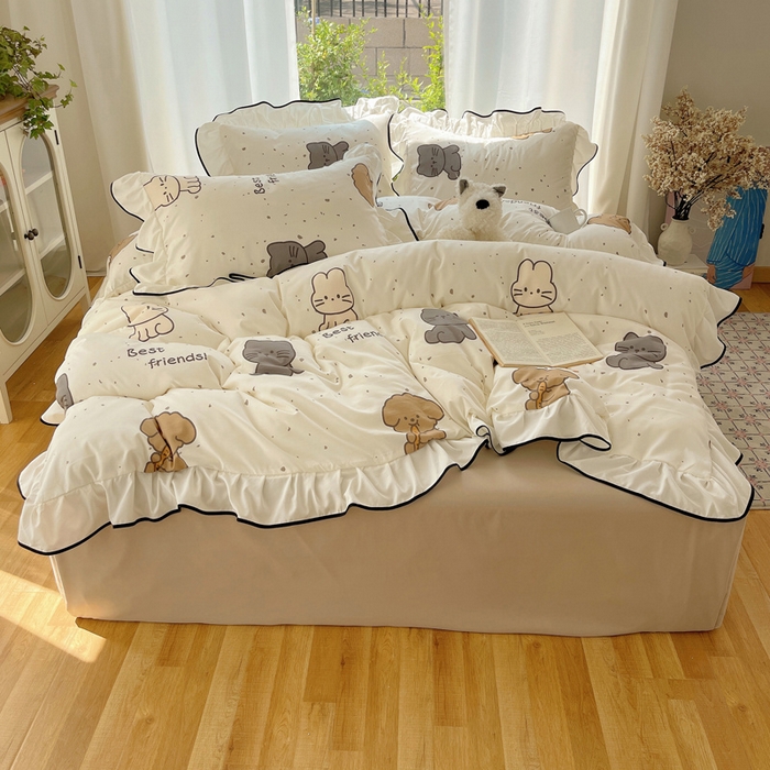 91家纺网 家纺一手货源 找家纺 桃心家居 2025新款A类云柔水洗棉花边四件套 水洗棉花边-黑色萌萌乐园