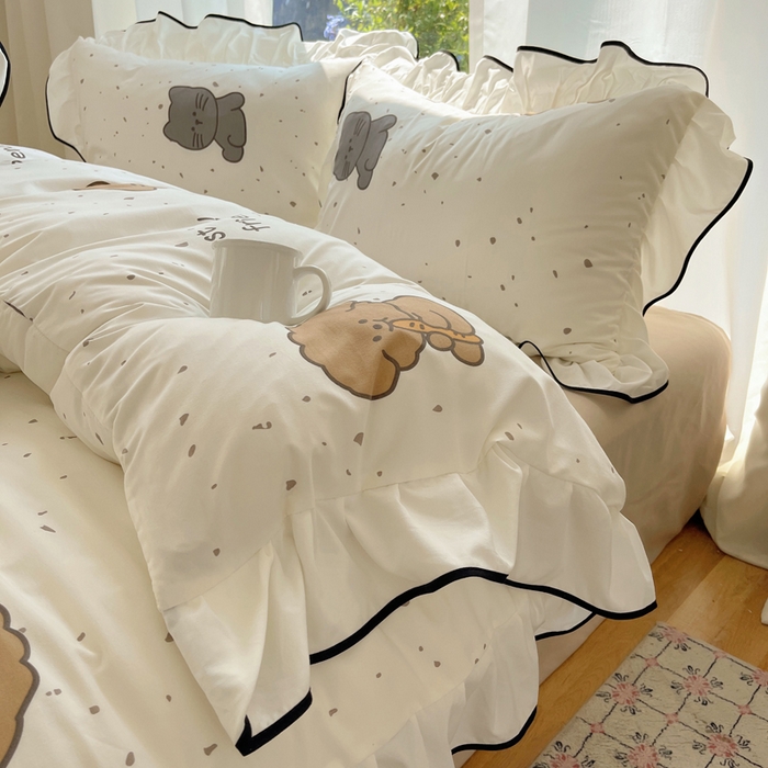 91家纺网 家纺一手货源 找家纺 桃心家居 2025新款A类云柔水洗棉花边四件套 水洗棉花边-黑色萌萌乐园