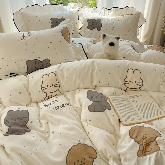 91家纺网 家纺一手货源 找家纺 桃心家居 2025新款A类云柔水洗棉花边四件套 水洗棉花边-黑色萌萌乐园