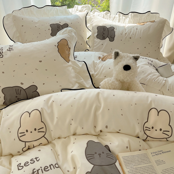 91家纺网 家纺一手货源 找家纺 桃心家居 2025新款A类云柔水洗棉花边四件套 水洗棉花边-黑色萌萌乐园