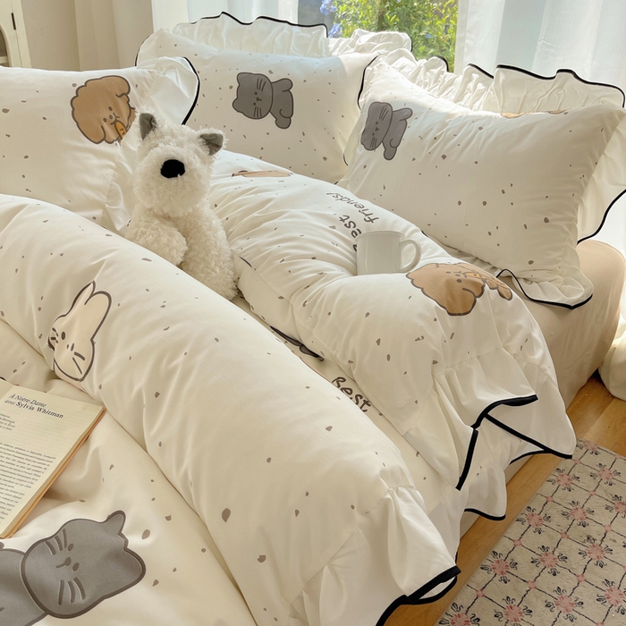 91家纺网 家纺一手货源 找家纺 桃心家居 2025新款A类云柔水洗棉花边四件套 水洗棉花边-黑色萌萌乐园