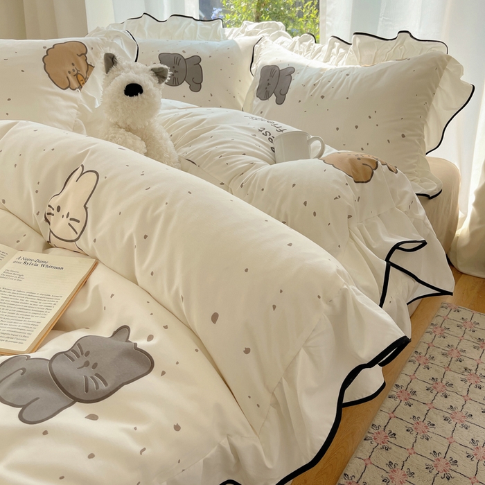 91家纺网 家纺一手货源 找家纺 桃心家居 2025新款A类云柔水洗棉花边四件套 水洗棉花边-黑色萌萌乐园