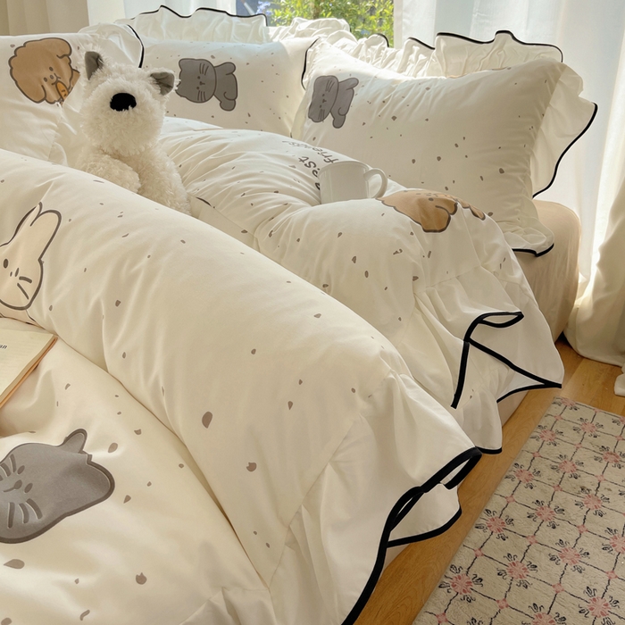 91家纺网 家纺一手货源 找家纺 桃心家居 2025新款A类云柔水洗棉花边四件套 水洗棉花边-黑色萌萌乐园