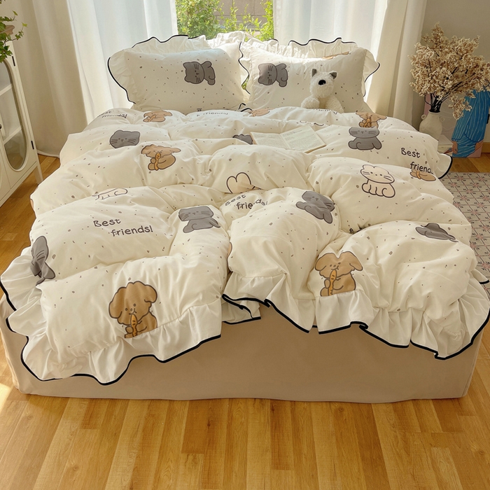 91家纺网 家纺一手货源 找家纺 桃心家居 2025新款A类云柔水洗棉花边四件套 水洗棉花边-黑色萌萌乐园