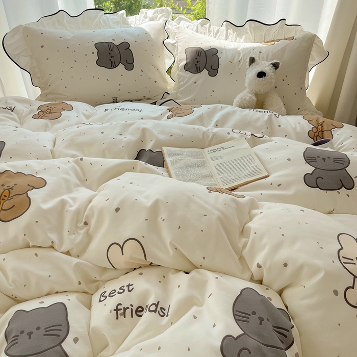 91家纺网 家纺一手货源 找家纺 桃心家居 2025新款A类云柔水洗棉花边四件套 水洗棉花边-黑色萌萌乐园