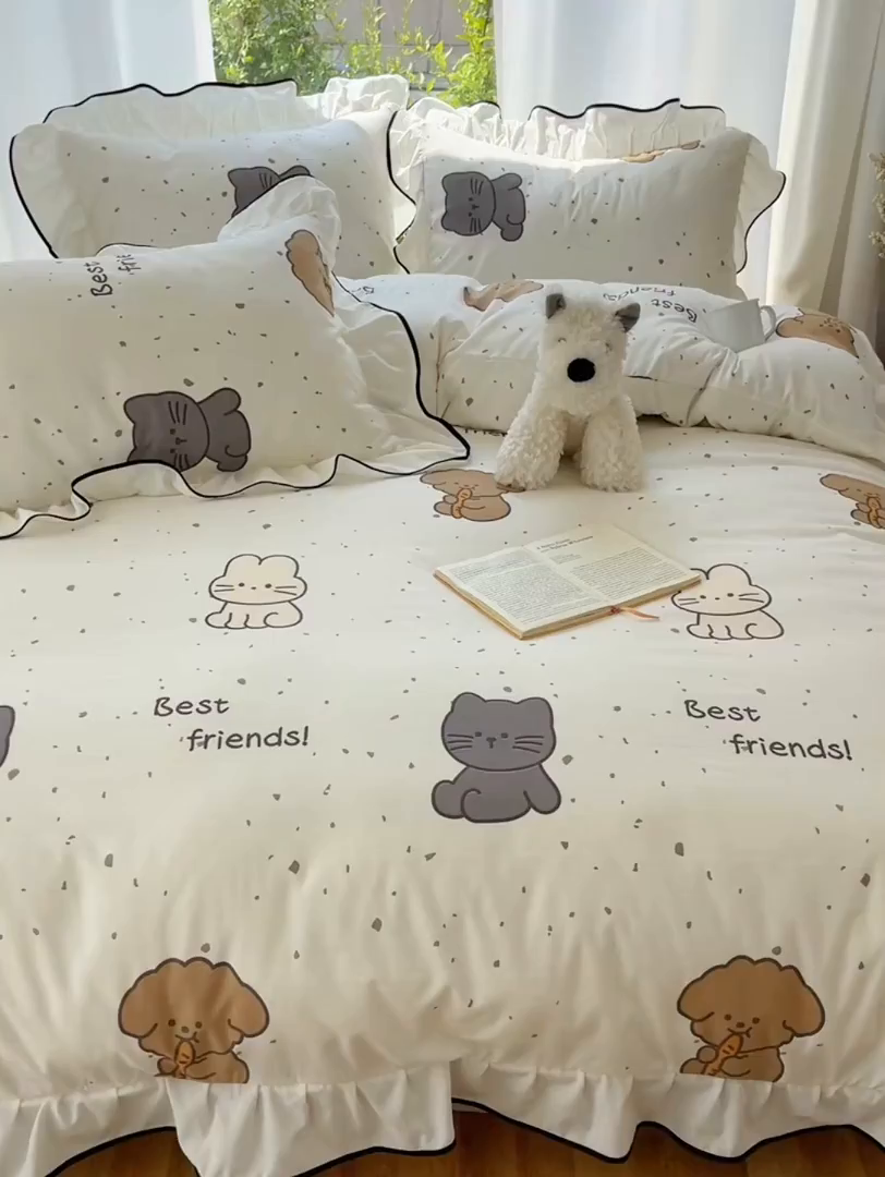 91家纺网 家纺一手货源 找家纺 桃心家居 2025新款A类云柔水洗棉花边四件套 水洗棉花边-黑色萌萌乐园