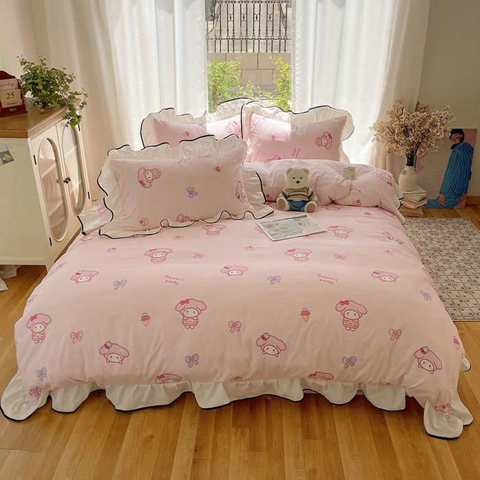 91家纺网 家纺一手货源 找家纺 桃心家居 2025新款A类云柔水洗棉花边四件套 水洗棉花边-黑色甜品兔兔