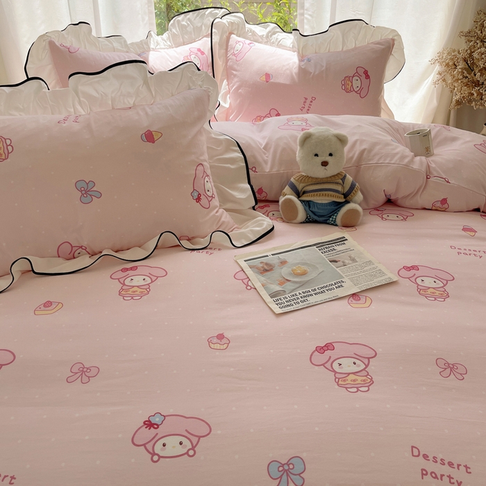 91家纺网 家纺一手货源 找家纺 桃心家居 2025新款A类云柔水洗棉花边四件套 水洗棉花边-黑色甜品兔兔