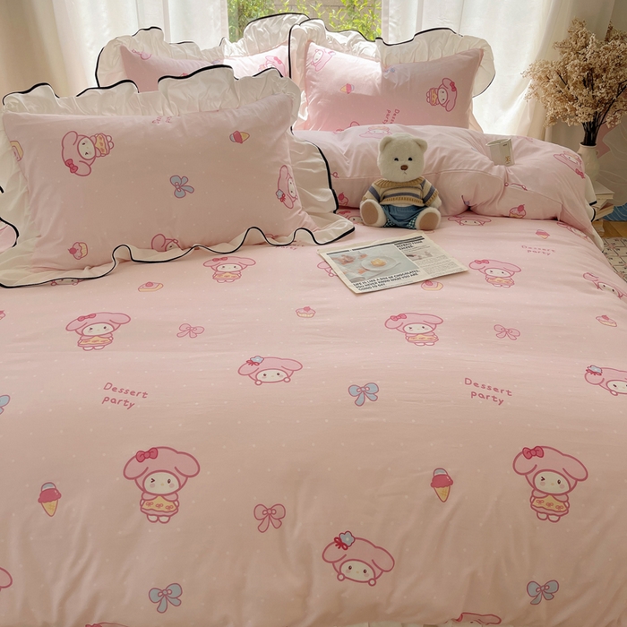 91家纺网 家纺一手货源 找家纺 桃心家居 2025新款A类云柔水洗棉花边四件套 水洗棉花边-黑色甜品兔兔