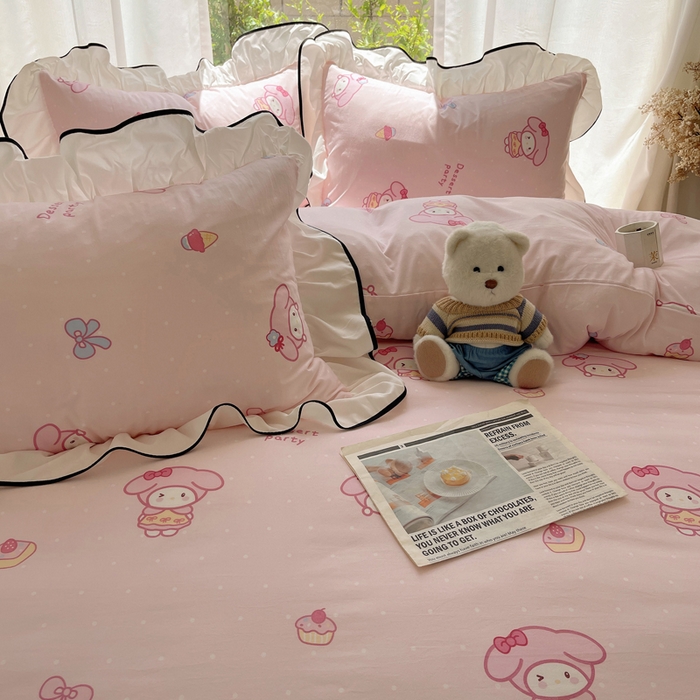 91家纺网 家纺一手货源 找家纺 桃心家居 2025新款A类云柔水洗棉花边四件套 水洗棉花边-黑色甜品兔兔