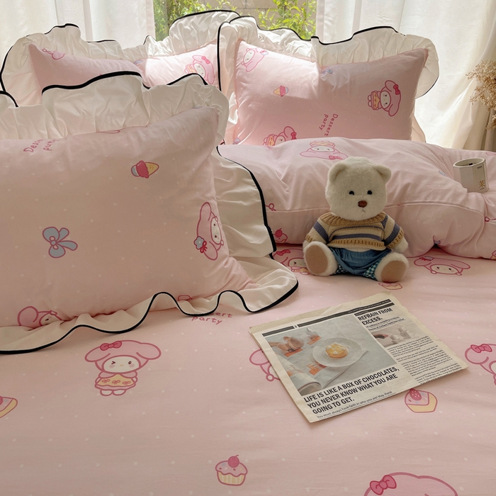 91家纺网 家纺一手货源 找家纺 桃心家居 2025新款A类云柔水洗棉花边四件套 水洗棉花边-黑色甜品兔兔