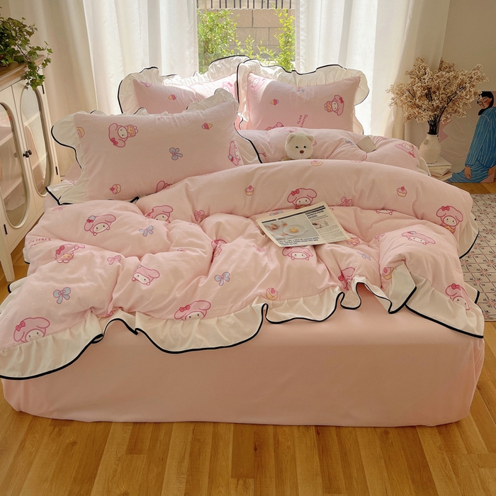 91家纺网 家纺一手货源 找家纺 桃心家居 2025新款A类云柔水洗棉花边四件套 水洗棉花边-黑色甜品兔兔