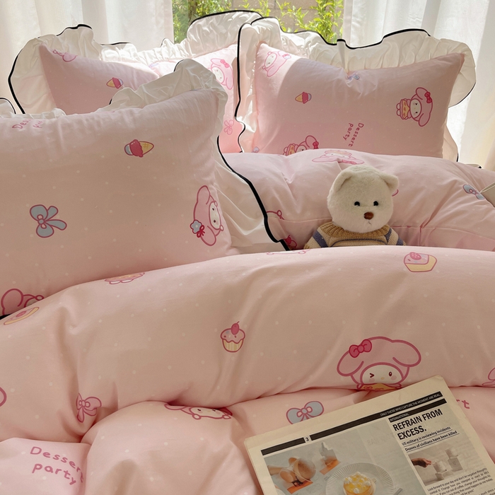 91家纺网 家纺一手货源 找家纺 桃心家居 2025新款A类云柔水洗棉花边四件套 水洗棉花边-黑色甜品兔兔