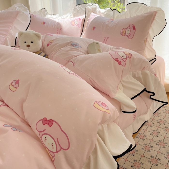 91家纺网 家纺一手货源 找家纺 桃心家居 2025新款A类云柔水洗棉花边四件套 水洗棉花边-黑色甜品兔兔