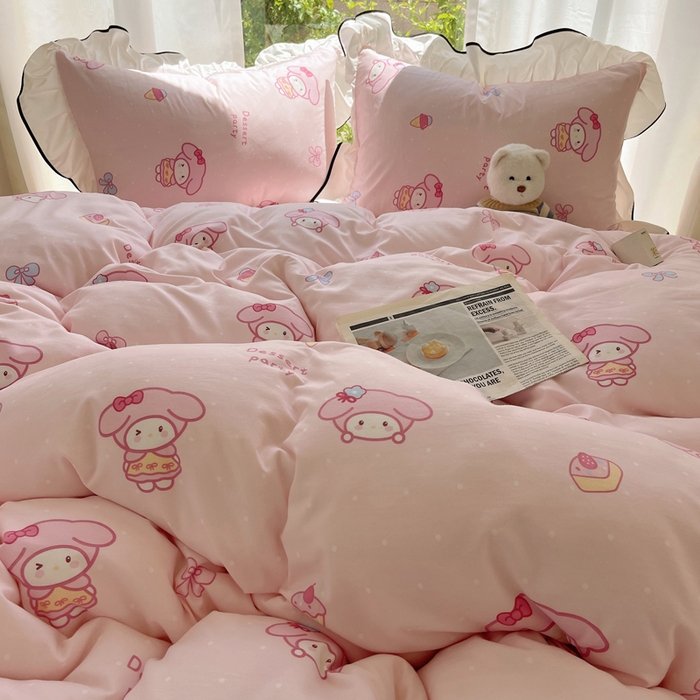 91家纺网 家纺一手货源 找家纺 桃心家居 2025新款A类云柔水洗棉花边四件套 水洗棉花边-黑色甜品兔兔