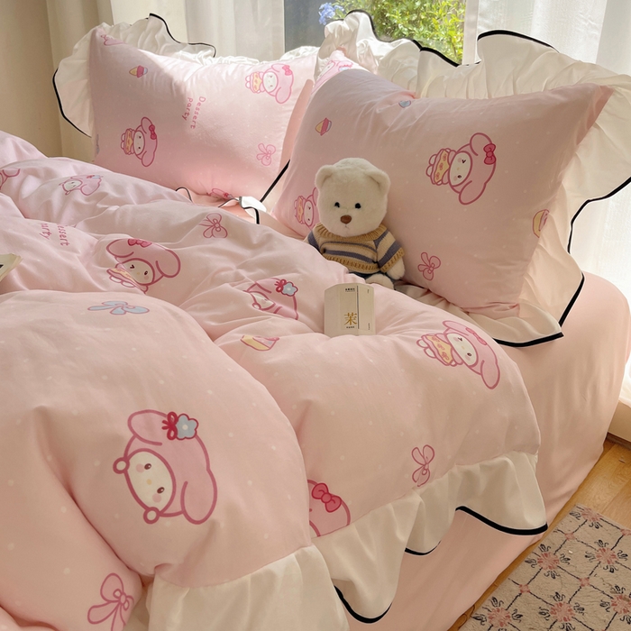 91家纺网 家纺一手货源 找家纺 桃心家居 2025新款A类云柔水洗棉花边四件套 水洗棉花边-黑色甜品兔兔