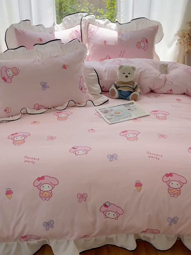 91家纺网 家纺一手货源 找家纺 桃心家居 2025新款A类云柔水洗棉花边四件套 水洗棉花边-黑色甜品兔兔