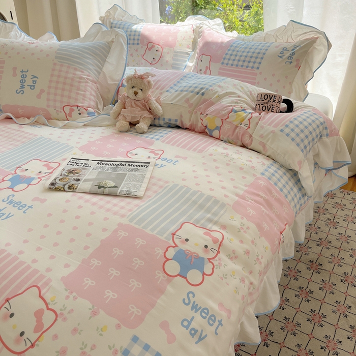 91家纺网 家纺一手货源 找家纺 桃心家居 2025新款A类云柔水洗棉花边四件套 水洗棉花边-蓝色布丁猫