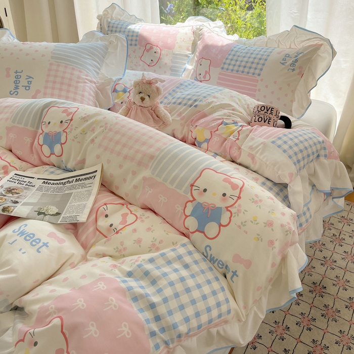 91家纺网 家纺一手货源 找家纺 桃心家居 2025新款A类云柔水洗棉花边四件套 水洗棉花边-蓝色布丁猫