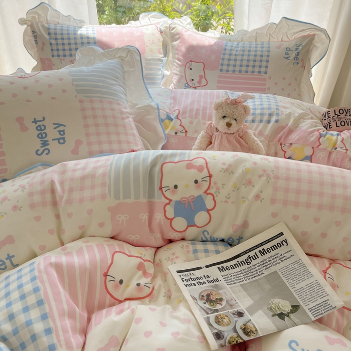 91家纺网 家纺一手货源 找家纺 桃心家居 2025新款A类云柔水洗棉花边四件套 水洗棉花边-蓝色布丁猫