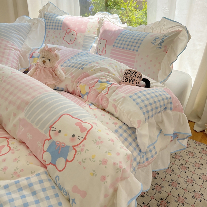 91家纺网 家纺一手货源 找家纺 桃心家居 2025新款A类云柔水洗棉花边四件套 水洗棉花边-蓝色布丁猫