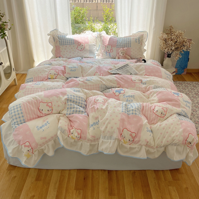 91家纺网 家纺一手货源 找家纺 桃心家居 2025新款A类云柔水洗棉花边四件套 水洗棉花边-蓝色布丁猫