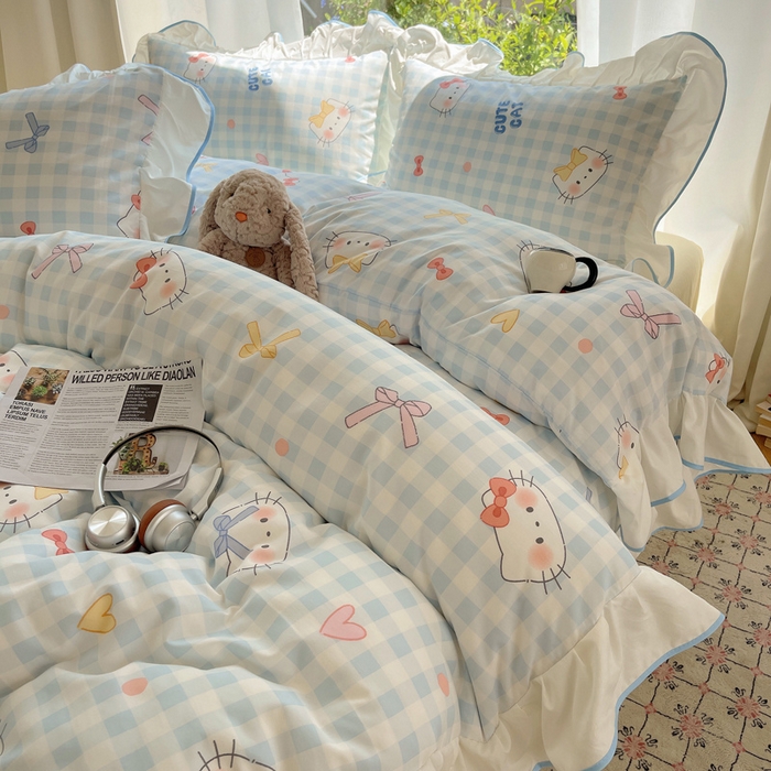 桃心家居 2025新款云柔水洗棉花边四件套 水洗棉花边-蓝色兰格猫咪